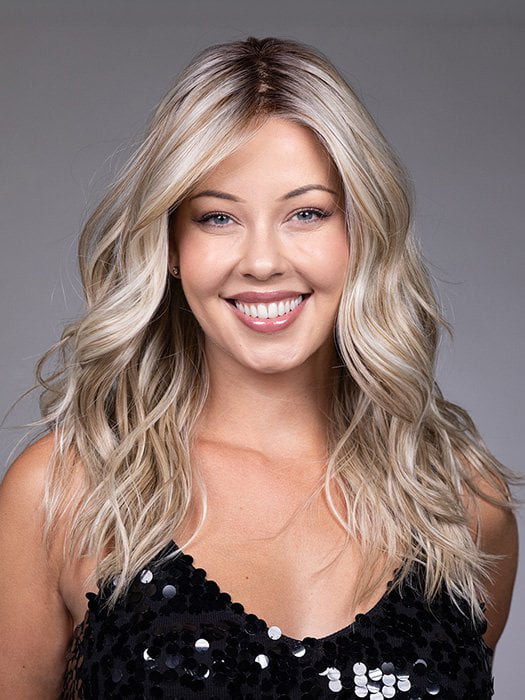 Model is wearing CLAUDIA by BELLETRESS in color BUTTERBEER R | Dark Brown Base and Root that transitions smoothly into a buttery blonde, infused with creamy honey and toffee tones