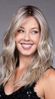 Model is wearing CLAUDIA by BELLETRESS in color BUTTERBEER R | Dark Brown Base and Root that transitions smoothly into a buttery blonde, infused with creamy honey and toffee tones