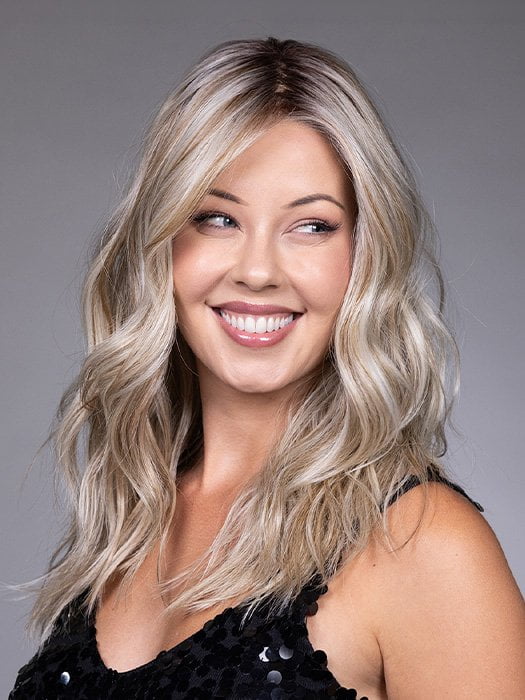 Model is wearing CLAUDIA by BELLETRESS in color BUTTERBEER R | Dark Brown Base and Root that transitions smoothly into a buttery blonde, infused with creamy honey and toffee tones