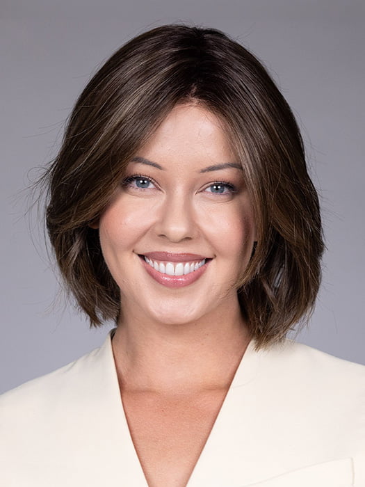 Model is wearing DUBLIN by BELLETRESS in color COOLEST ASH BROWN R | A combination of Light Ash Brown, Cool Medium Brown and a hint of Dark Blonde and Dark Roots