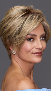 Model is wearing DEMI by JON RENAU in color 12FS8 SHADED PRALINE | Medium Natural Gold Blonde, Light Gold Blonde, Pale Natural Blonde Blend, Shaded with Dark Brown