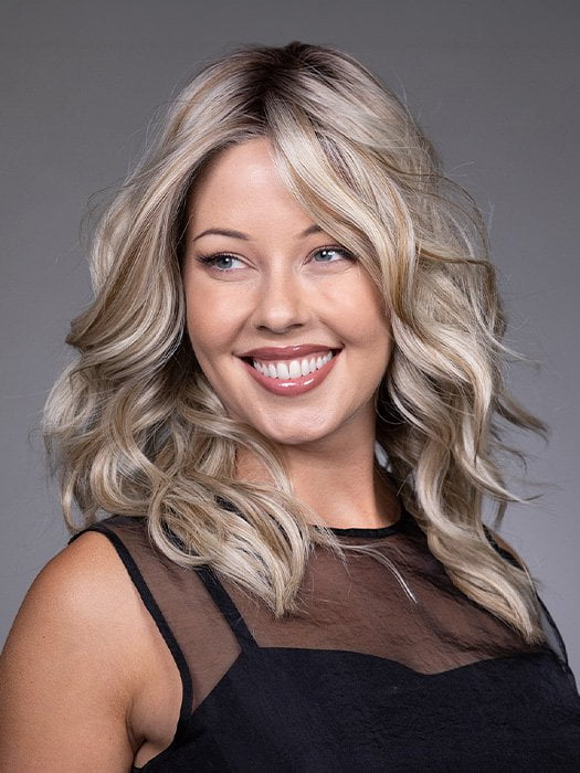 Model is wearing EVERDEEN by BELLETRESS in color BUTTERBEER R | Dark Brown Base and Root that transitions smoothly into a buttery blonde, infused with creamy honey and toffee tones