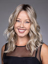 Model is wearing EVERDEEN by BELLETRESS in color BUTTERBEER R | Dark Brown Base and Root that transitions smoothly into a buttery blonde, infused with creamy honey and toffee tones