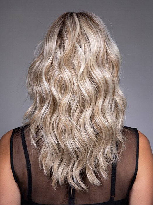 Model is wearing EVERDEEN by BELLETRESS in color BUTTERBEER R | Dark Brown Base and Root that transitions smoothly into a buttery blonde, infused with creamy honey and toffee tones