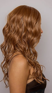 Model is wearing ESME by RENE OF PARIS in color CARAMEL COPPER | One‑tone Caramel Copper shade enhanced with ultra‑fine Cream Blonde highlights

