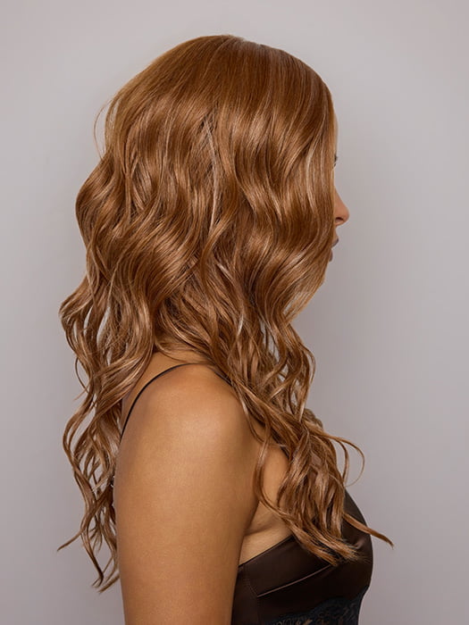 Model is wearing ESME by RENE OF PARIS in color CARAMEL COPPER | One‑tone Caramel Copper shade enhanced with ultra‑fine Cream Blonde highlights
