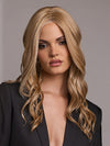 Model is wearing ESME by RENE OF PARIS in color GOLDEN LATTE BLOND | Non‑rooted shade featuring a Warm Golden Blonde base enriched with a balanced mix of Cream, White, and Golden Blonde highlights
