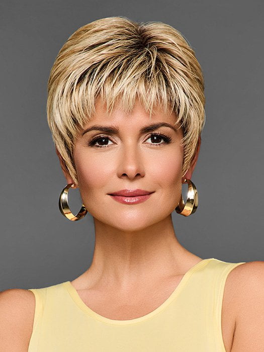 Model is wearing BOSS ENERGY by GABOR in color GF14-88SS GOLDEN WHEAT | Dark Blonde evenly Blended with Pale Blonde Highlights and Dark Roots