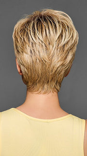Model is wearing BOSS ENERGY by GABOR in color GF14-88SS GOLDEN WHEAT | Dark Blonde evenly Blended with Pale Blonde Highlights and Dark Roots