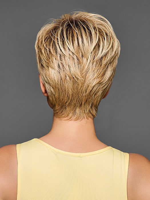 Model is wearing BOSS ENERGY by GABOR in color GF14-88SS GOLDEN WHEAT | Dark Blonde evenly Blended with Pale Blonde Highlights and Dark Roots