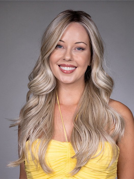 Model is wearing GISELE by BELLETRESS in color BUTTERBEER R | Dark Brown Base and Root that transitions smoothly into a buttery blonde, infused with creamy honey and toffee tones