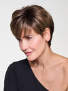 Model is wearing CROP CUT TOPPER by HAIRDO in color SS9/24 ICED CAFÉ LATTE | Dark Brown shaded with Golden Brown
