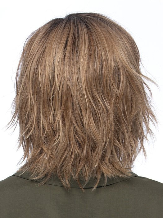 HOLLIS by ESTETICA in color RH12/26RT4 | Light Brown with Chunky Golden Blonde Highlights & Dark Brown Roots