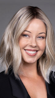 Model is wearing INDIE by BELLETRESS in color BUTTERBEER R | Dark Brown Base and Root that transitions smoothly into a buttery blonde, infused with creamy honey and toffee tones