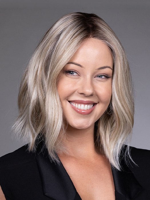Model is wearing INDIE by BELLETRESS in color BUTTERBEER R | Dark Brown Base and Root that transitions smoothly into a buttery blonde, infused with creamy honey and toffee tones