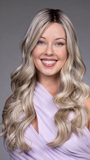 Model is wearing KARENINA by BELLETRESS in color BUTTERBEER R | Dark Brown Base and Root that transitions smoothly into a buttery blonde, infused with creamy honey and toffee tones
