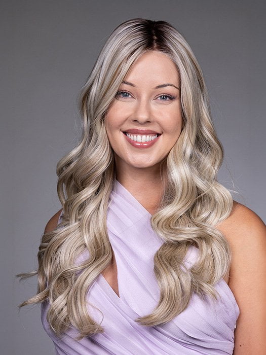 Model is wearing KARENINA by BELLETRESS in color BUTTERBEER R | Dark Brown Base and Root that transitions smoothly into a buttery blonde, infused with creamy honey and toffee tones