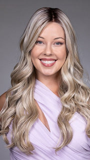 Model is wearing KARENINA by BELLETRESS in color BUTTERBEER R | Dark Brown Base and Root that transitions smoothly into a buttery blonde, infused with creamy honey and toffee tones