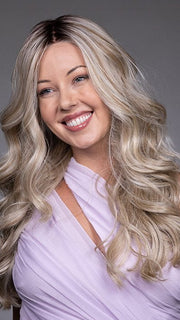 Model is wearing KARENINA by BELLETRESS in color BUTTERBEER R | Dark Brown Base and Root that transitions smoothly into a buttery blonde, infused with creamy honey and toffee tones