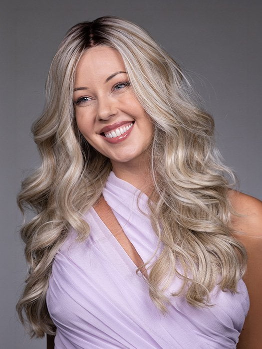 Model is wearing KARENINA by BELLETRESS in color BUTTERBEER R | Dark Brown Base and Root that transitions smoothly into a buttery blonde, infused with creamy honey and toffee tones