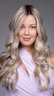 Model is wearing KARENINA by BELLETRESS in color BUTTERBEER R | Dark Brown Base and Root that transitions smoothly into a buttery blonde, infused with creamy honey and toffee tones