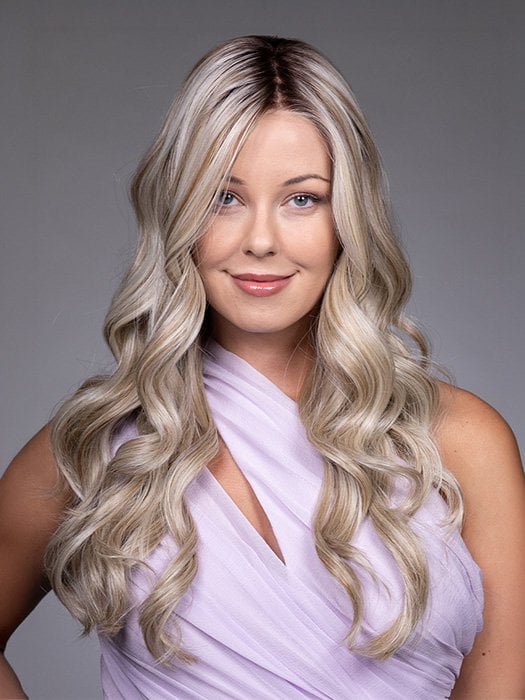 Model is wearing KARENINA by BELLETRESS in color BUTTERBEER R | Dark Brown Base and Root that transitions smoothly into a buttery blonde, infused with creamy honey and toffee tones