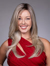 Model is wearing KARINA by BELLETRESS in color BUTTERBEER R | Dark Brown Base and Root that transitions smoothly into a buttery blonde, infused with creamy honey and toffee tones
