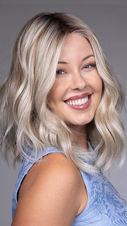 Model is wearing KARLIE by BELLETRESS in color BUTTERBEER R | Dark Brown Base and Root that transitions smoothly into a buttery blonde, infused with creamy honey and toffee tones