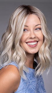 Model is wearing KARLIE by BELLETRESS in color BUTTERBEER R | Dark Brown Base and Root that transitions smoothly into a buttery blonde, infused with creamy honey and toffee tones