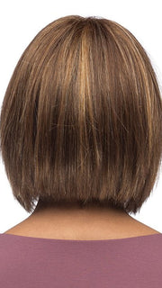 Model is wearing LARK by ESTETICA in color CKISSRT4 | Golden Brown with Copper Blonde Highlights & Dark Brown Roots