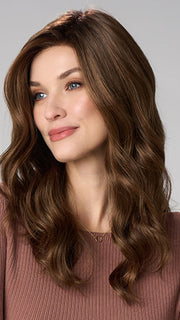 Model is wearing MAYA HAND TIED by ENVY in color MACCHIATO | A blend of Chestnut Brown and Soft Dark Blonde with Dark Brown Roots