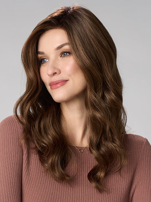 Model is wearing MAYA HAND TIED by ENVY in color MACCHIATO | A blend of Chestnut Brown and Soft Dark Blonde with Dark Brown Roots