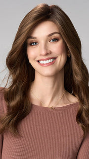 Model is wearing MAYA HAND TIED by ENVY in color MACCHIATO | A blend of Chestnut Brown and Soft Dark Blonde with Dark Brown Roots