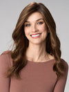 Model is wearing MAYA HAND TIED by ENVY in color MACCHIATO | A blend of Chestnut Brown and Soft Dark Blonde with Dark Brown Roots