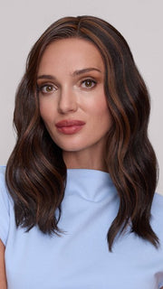 Model is wearing MORGAN by JON RENAU in color FS4/33/30A MIDNIGHT COCOA | Dark Brown, Medium Red, Medium Natural Red Blonde/Brown Blend with Medium Natural Red Blonde/Brown Blend Bold Highlights
