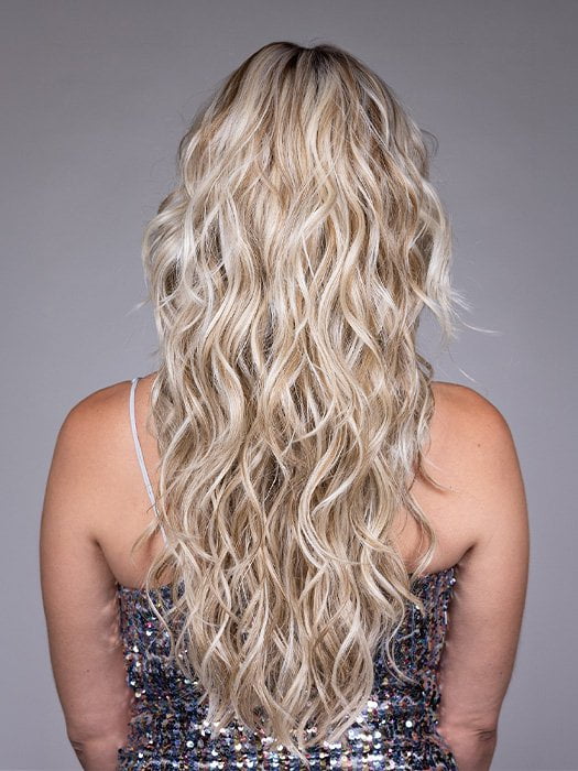 Model is wearing OLYMPIA by BELLETRESS in color BUTTERBEER R | Dark Brown Base and Root that transitions smoothly into a buttery blonde, infused with creamy honey and toffee tones