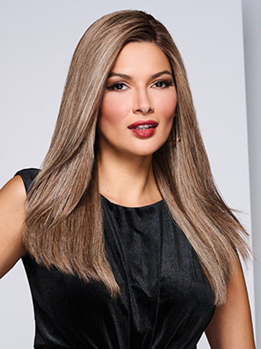 Model is wearing ATHENIAN ADVENTURE by RAQUEL WELCH in color RH17/101SS SHADED SUGARED TEA | Honey Blonde with creamy blonde highlights from dark roots to ends