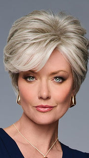 Model is wearing CURATED CUT by RAQUEL WELCH in color RL56/60 SILVER | Lightest Gray Evenly Blended with Pure White