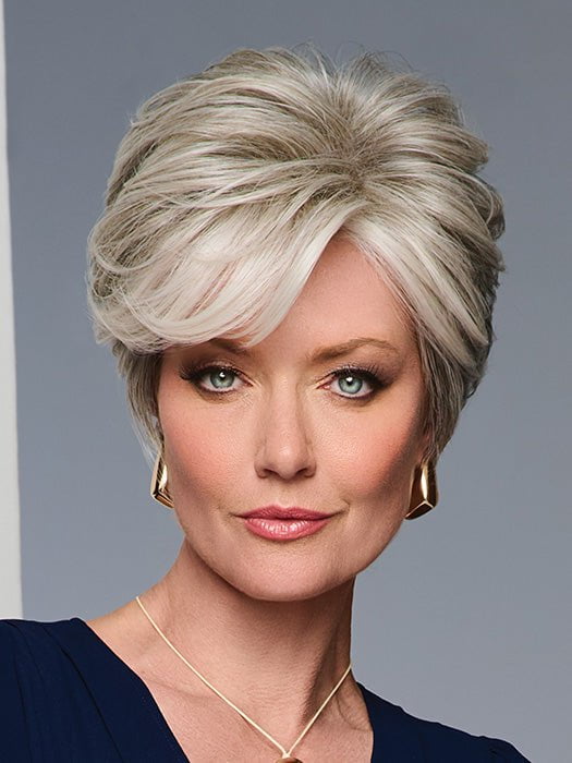 Model is wearing CURATED CUT by RAQUEL WELCH in color RL56/60 SILVER | Lightest Gray Evenly Blended with Pure White