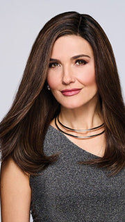 Model is wearing ROME ROMANCE by RAQUEL WELCH in color RH4/10SS SHADED JAVA | Off Black with Dark Brown highlights from dark roots to ends