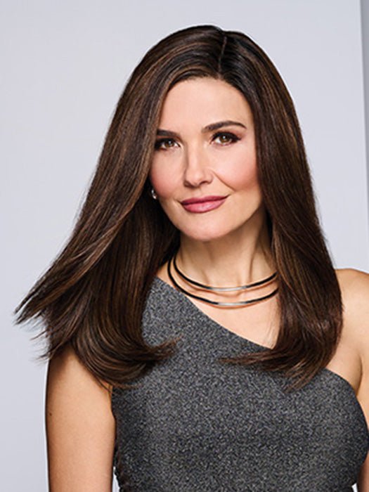 Model is wearing ROME ROMANCE by RAQUEL WELCH in color RH4/10SS SHADED JAVA | Off Black with Dark Brown highlights from dark roots to ends