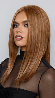 Model is wearing SLOAN by RENE OF PARIS in color CARAMEL COPPER | One‑tone Caramel Copper shade enhanced with ultra‑fine Cream Blonde highlights