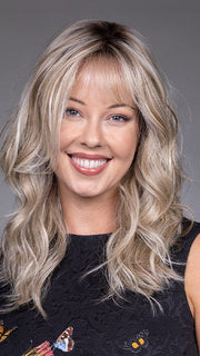 Model is wearing VESPER by BELLETRESS in color BUTTERBEER R | Dark Brown Base and Root that transitions smoothly into a buttery blonde, infused with creamy honey and toffee tones