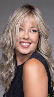 Model is wearing VESPER by BELLETRESS in color BUTTERBEER R | Dark Brown Base and Root that transitions smoothly into a buttery blonde, infused with creamy honey and toffee tones