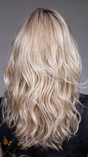 Model is wearing VESPER by BELLETRESS in color BUTTERBEER R | Dark Brown Base and Root that transitions smoothly into a buttery blonde, infused with creamy honey and toffee tones