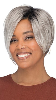 Model is wearing VESPER by ESTETICA in color CHROMERT1B | Gray & White with 25% Medium Brown Blend & Off-Black Roots