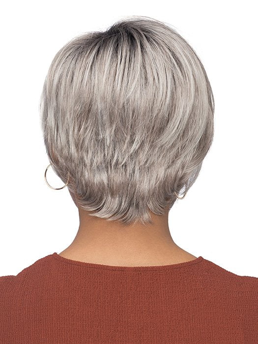 Model is wearing VESPER by ESTETICA in color CHROMERT1B | Gray & White with 25% Medium Brown Blend & Off-Black Roots