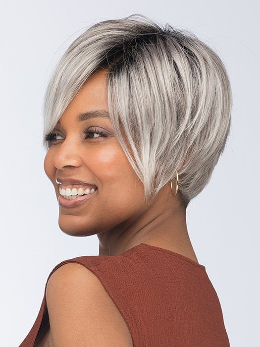 Model is wearing VESPER by ESTETICA in color CHROMERT1B | Gray & White with 25% Medium Brown Blend & Off-Black Roots