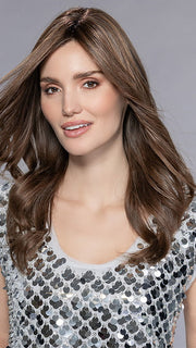Model is wearing ANISE by ELLEN WILLE in CHOCOLATE ROOTED 830.27.6 | Medium to Dark Brown base with Light Reddish Brown highlights and Dark Roots