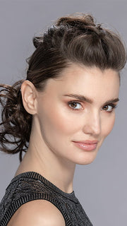Model is wearing CAVA by ELLEN WILLE in DARK CHOCOLATE MIX 4.6.33 | Darkest/Dark Brown with Dark Auburn Blend